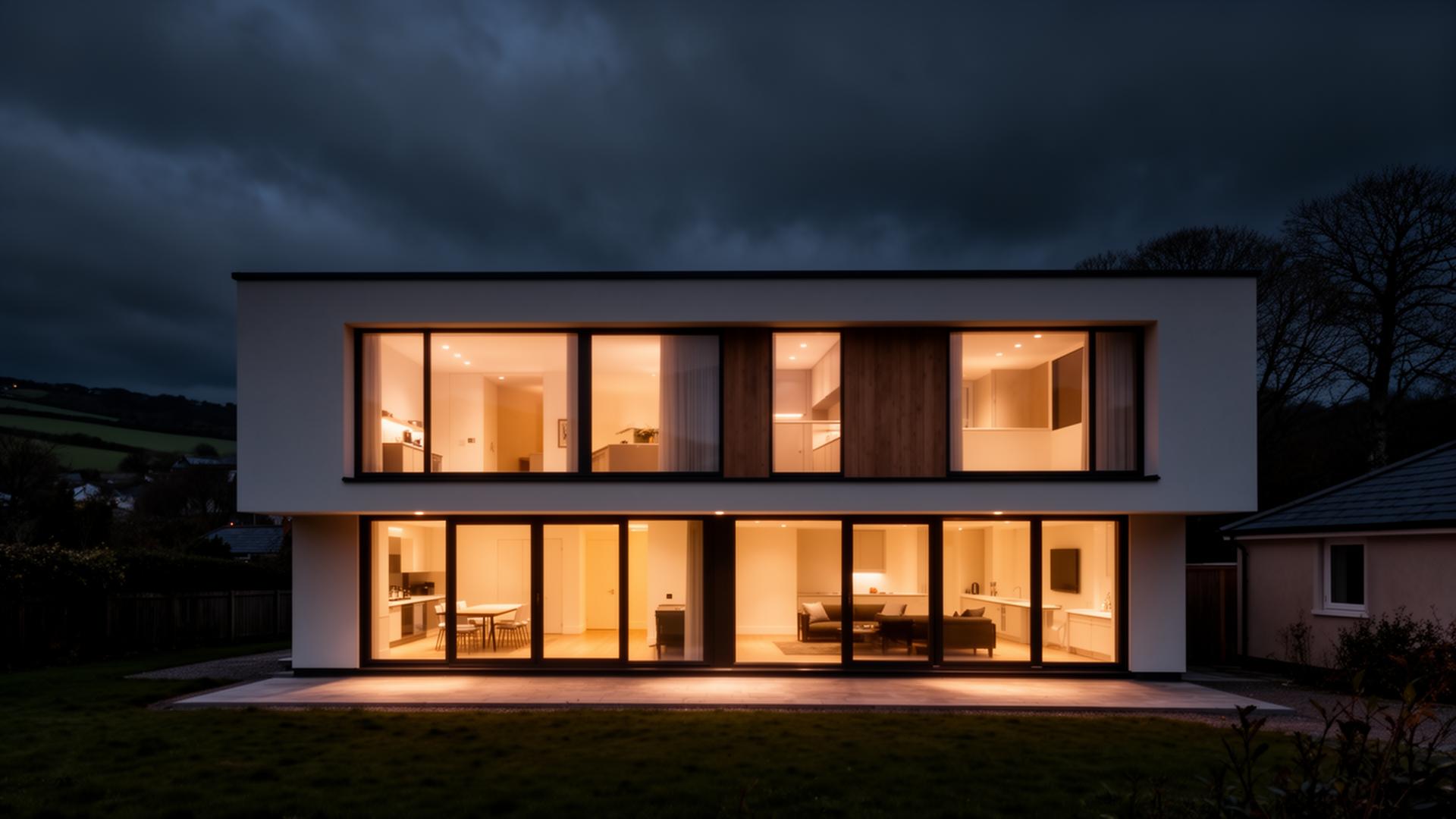 Premium new-build home in Devon at dusk